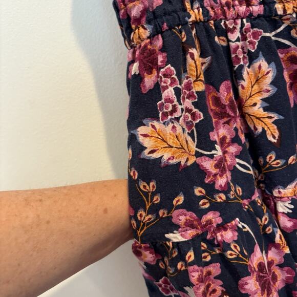 Boho Bloomcore Dress Women Small Navy Linen Blend Sundress Tiered Midi Pockets - Picture 6 of 15